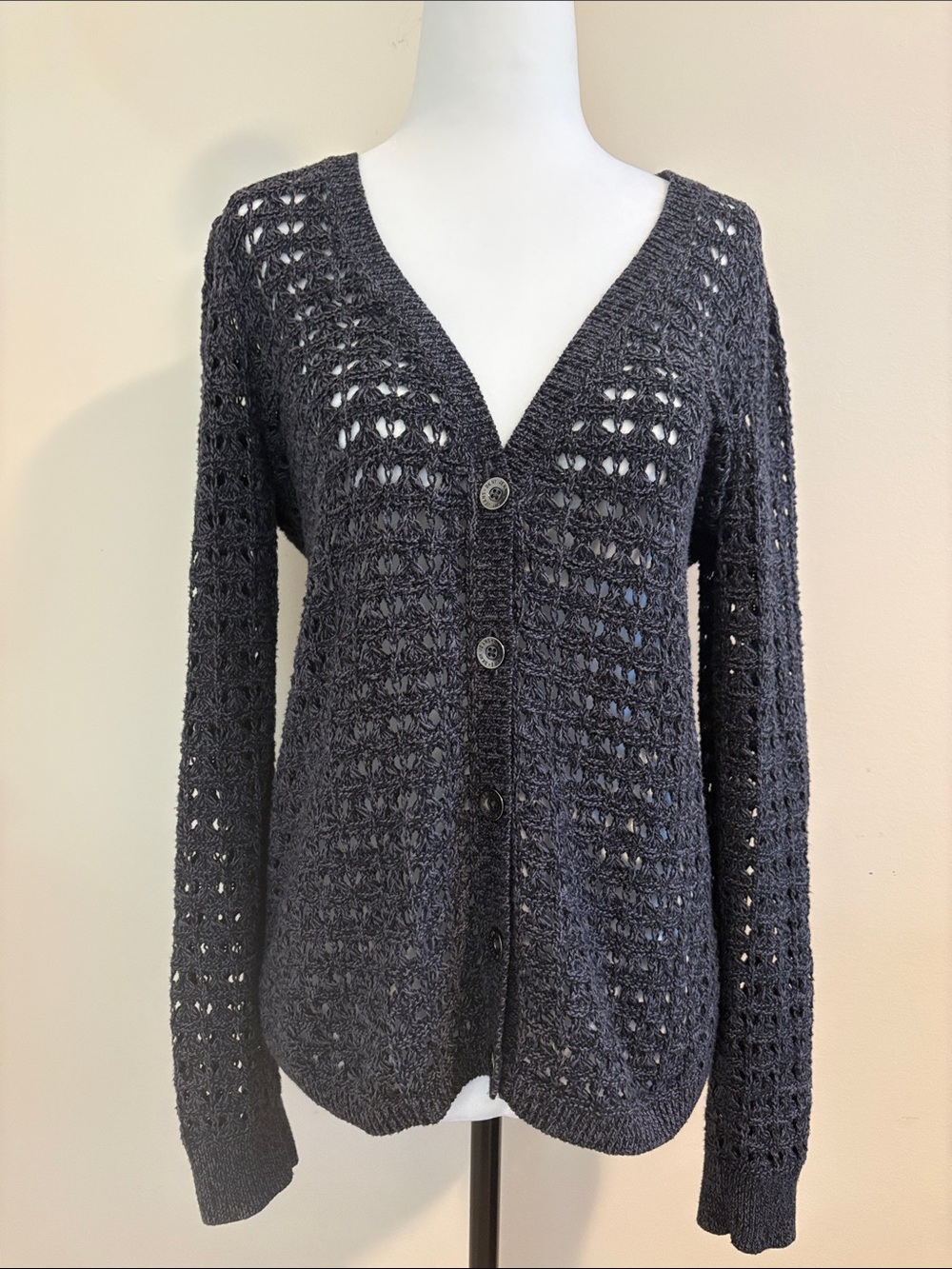 DKNY Open-Knit V-Neck Button Cardigan Sweater - Black